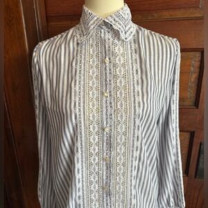 VINTAGE Prairie Style Striped Button Down w/Lace Panels